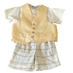 Toddler Boy spring summer 3 piece set shirt vest & shorts yellow ivory green 2T
